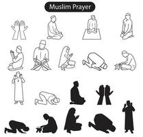 A set of Muslim prayer line icons and silhouettes vector