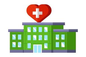 green clinic building with a sign in the shape of a heart. life saving facility. flat vector illustration.