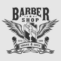Barber shop blade with wings and vintage ribbon vector
