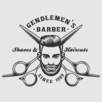 Barbershop emblem with man face and scissors vector