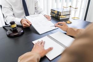 Lawyer or judge present client with contract document papers, Law and Legal services concept photo