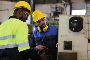 Professional men engineer worker skills quality, maintenance, training industry factory worker , warehouse Workshop for factory operators, mechanical engineering team production. photo