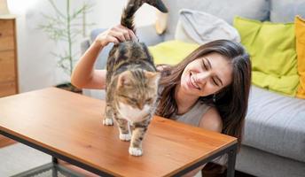 mujer joven sonriente jugando con gato en la habitación. foto