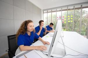 Service Team Concept. Operator or Contact Center Sale in Office, Information People Call Center, Quality Professional Team Sales Support Office. Environment Workplace Representative Company. photo