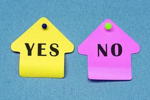 Yes and No yellow and pink note on a blue board. Yes or No decision making photo