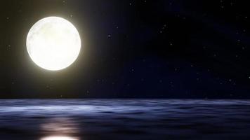 The full moon at night was full of stars and a faint mist. A wooden bridge extended into the sea. Fantasy image at night, super moon, sea water wave. 3D Rendering video