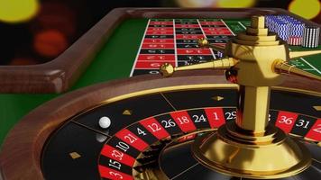 rischiare la tua fortuna o giocare d'azzardo in un tipo di roulette da casinò. ruota della roulette del tavolo da gioco e scommetti con fiches di colore diverso invece di contanti. rendering 3D video