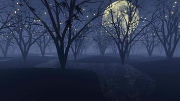 girando in avanti camminando nella foresta di notte, ci sono pozzanghere e nebbia. tante lucciole sugli alberi. super luna piena nel cielo. rendering 3D. video
