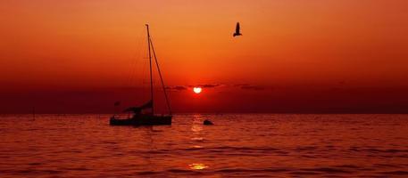 silhouette of a sailboat between the sunrise under a red sky with flying seagulls. photo