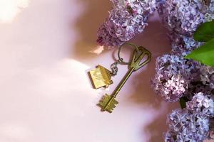 House key with keychain on pink spring background and lilac branches. Summer holiday home, booking cottage in the countryside, moving to new home, mortgage, rent and purchase real estate. Copy space photo