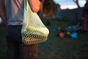 calabacines en una bolsa de malla en el jardín en manos de un agricultor en un área suburbana con una granja. cosecha ecológica, ecológica foto