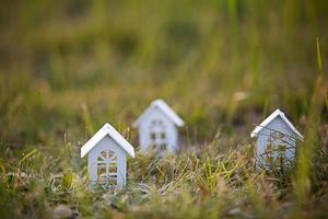 figuras de pequeñas casas blancas de madera en el primer plano de la hierba. la casa está en una zona rural y pueblo, construcción, proyecto, mudanza, hipoteca, alquiler y compra de bienes inmuebles. copie el espacio foto