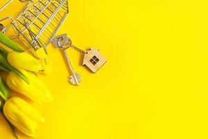 Key ring in the shape of wooden house with key on a yellow background and shopping cart. Mortgage, rent and purchase real estate, spring and summer offer for construction. Copy space photo