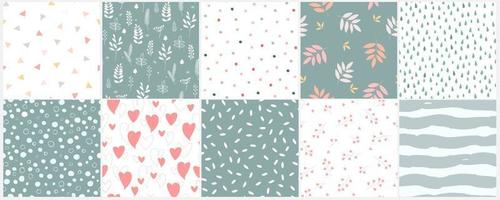 A set of seamless abstract patterns with a natural floral ornament. Hearts, drops, triangles, circles, branches with leaves simple prints. Vector graphics.