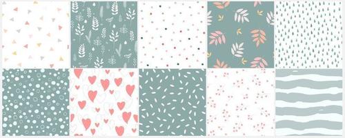 A set of seamless abstract patterns with a natural floral ornament. Hearts, drops, triangles, circles, branches with leaves simple prints. Vector graphics.