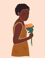 The figure of a beautiful young abstract African woman with a bouquet of flowers in her hand. Vector graphics.