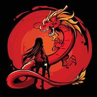 Vector illustration of armed woman facing a dragon