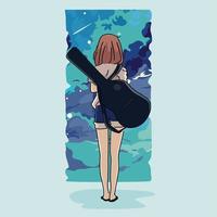 vector illustration of a girl standing with a guitar looking up at the sky from the window