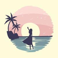 Vector scenery illustration of girl playing on the beach