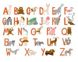 Cute Animals alphabet for kids education. Childish vector font for kids ABC book with hand drawn animal characters