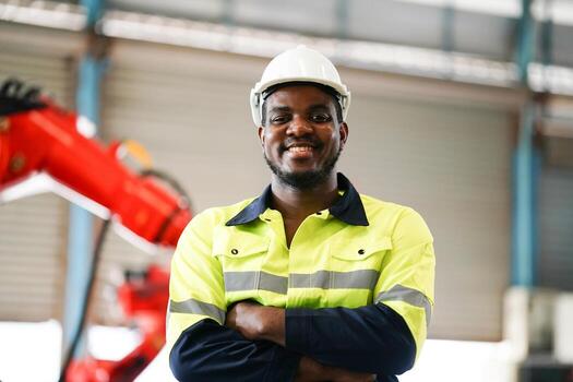 Industrial engineer or worker wearing a helmet while standing in a heavy industrial factory. The Maintenance looking of working at industrial machinery and check security system setup in factory. photo