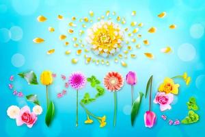 Flowers and herbs with word spring. Creative floral composition. photo