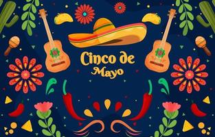 fondo plano cinco de mayo con elemento de partículas sombrero y guitarra vector