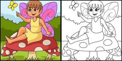 Fairy Sitting On A Mushroom Coloring Illustration vector