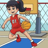 niña jugando dibujos animados de colores de baloncesto vector