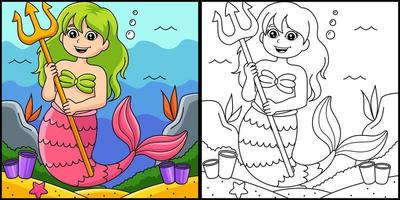 Mermaid Holding Trident Coloring Page Illustration vector