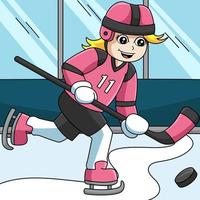 Girl Playing Hockey Colored Cartoon Illustration vector