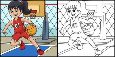 niña jugando baloncesto para colorear página ilustración vector