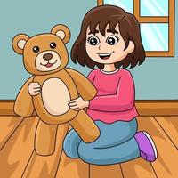 niña sosteniendo un oso de peluche de dibujos animados de colores vector
