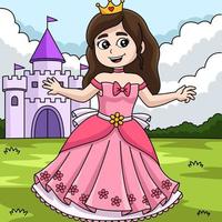 princesa frente al castillo de dibujos animados de colores vector