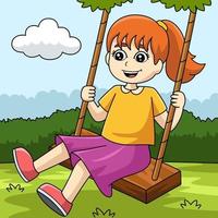 Girl On A Swing Colored Cartoon Illustration vector