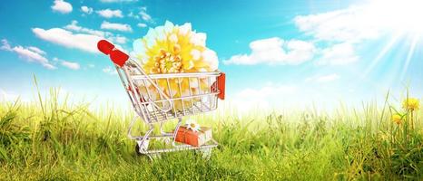 Mini shopping cart with colorful flowers and butterflies. photo