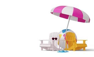 Beach chairs and umbrellas with beach ball, summer season, summer template 3d rendering photo