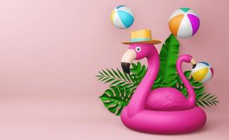 Pink flamingo and beach ball with leaves, summer season, summer template 3d rendering photo