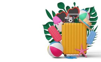 Suitcase with beach equipment, summer season, summer template 3d rendering photo