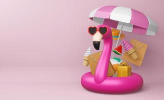 Flamingo wearing glasses with beach equipment, summer season, summer template 3d rendering photo