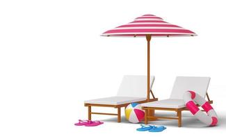 silla de playa y sombrilla con cámara, plantilla de venta de verano, temporada de verano, representación 3d foto