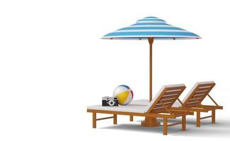 silla de playa y sombrilla con cámara, plantilla de venta de verano, temporada de verano, representación 3d foto