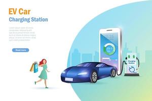 coche ev, mujer comprando mientras espera la batería de carga del vehículo eléctrico en la estación con el estado del teléfono inteligente. vector