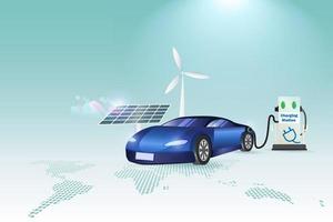 EV car, Electric vehicle charging battery at station with wind turbine and solar panel on world map. Sustainable clean energy resources environmental friendly. Alternative energy in transportation. vector