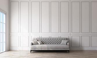 Modern classic white empty interior with wall panels and wooden floor. 3d rendering