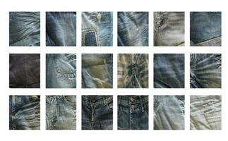 diferentes muestras de tejido denim aisladas sobre fondo blanco. colección de primer plano de texturas de jeans. foto