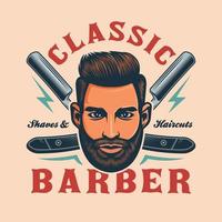 emblema de barbería con cara de hombre y cuchillas de afeitar vector