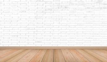 Empty interior room with white brick wall texture and brown wooden floor pattern. Concept interior vintage style photo