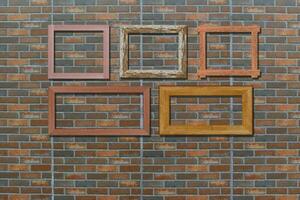 Vintage photo frames on brick wall for interior or background.