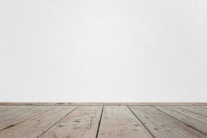 Empty interior room with white cement wall texture and brown wooden floor pattern. Concept interior vintage style photo